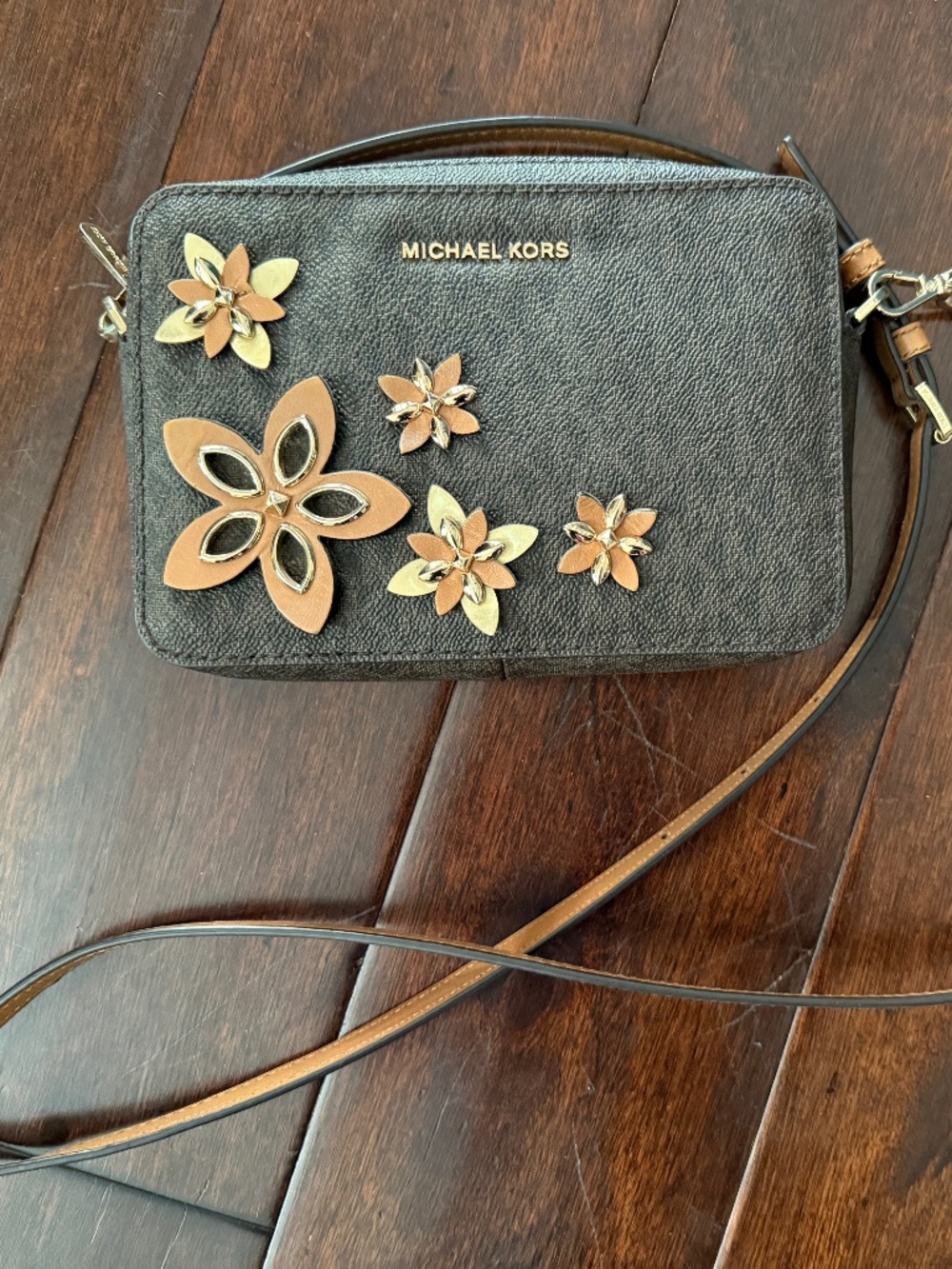 Michael Kors small brown crossbody camera bag with Flowers